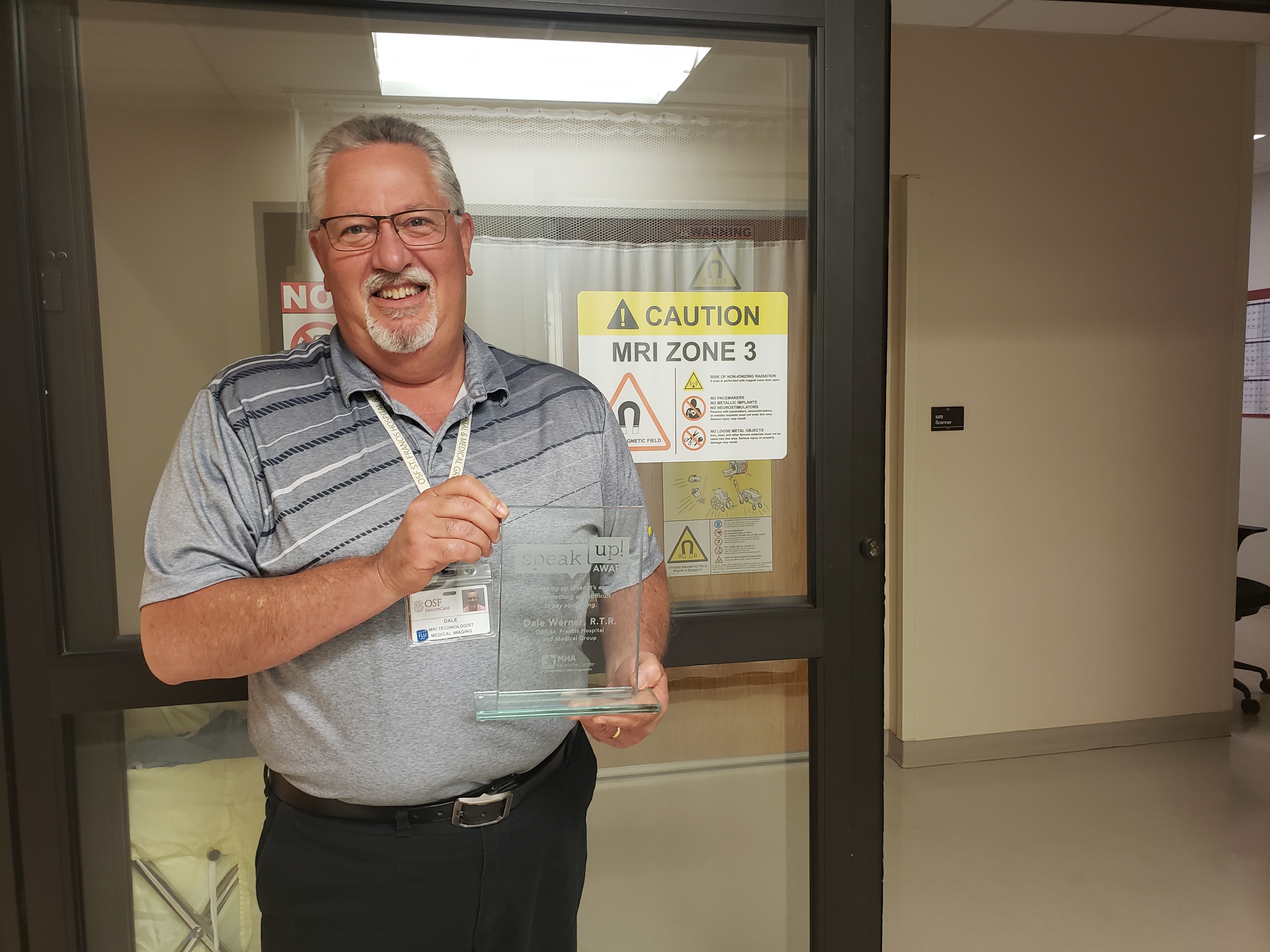 Dale Werner, RTR, OSF Healthcare St. Francis Hospital & Medical Group, received the MHA Keystone Center Speak-up! Award for fourth quarter of 2019 as well as the annual 2019 Speak-up! Award