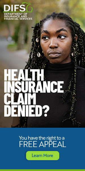 DIFS_Digital_300x600 Advertisement from the Michigan Department of Insurance and Financial Services (DIFS) featuring a serious-looking woman with long braids. Large text reads: ‘Health insurance claim denied?’ Smaller text below says: ‘You have the right to a free appeal.’ A green button labeled ‘Learn More’ appears at the bottom.