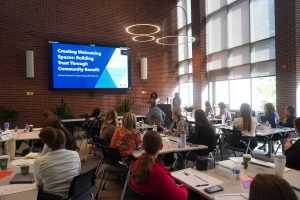 Lenise Freeman, MHA, and Gayle Shipp, Michigan State University, present to participants during the Community Benefit Collaborative kickoff event.