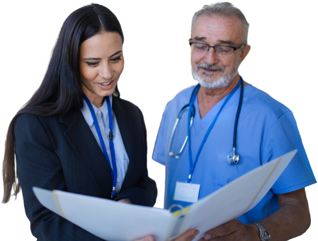 Woman and doctor looking at folder