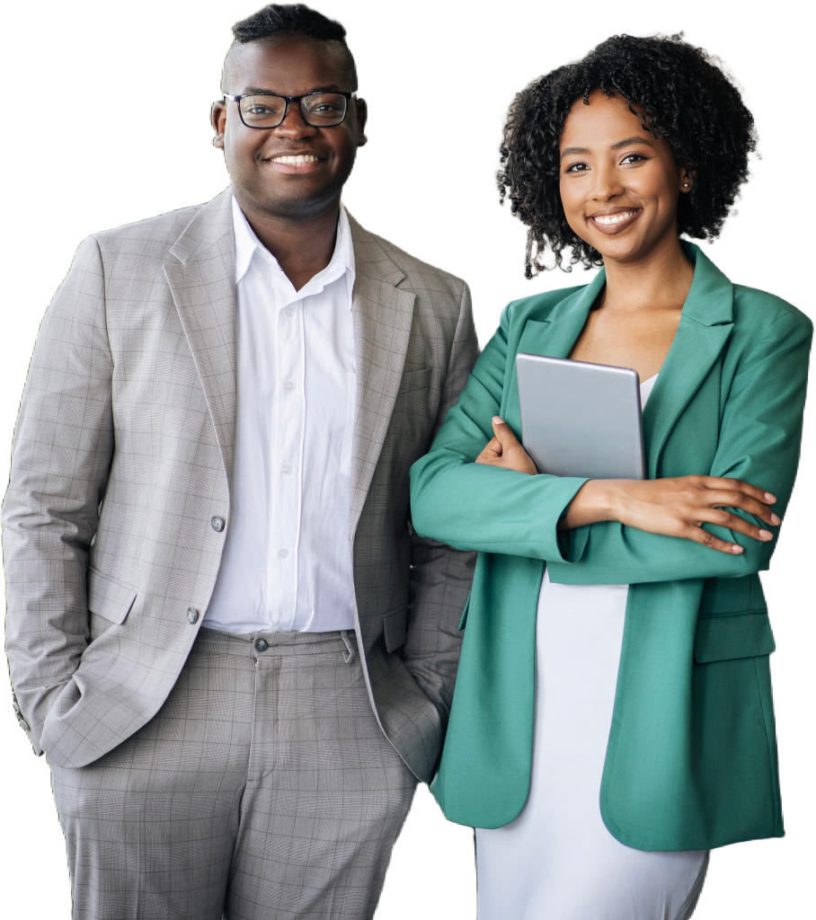 Business man and woman standing next to each other